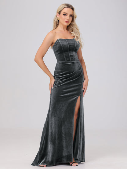 Strapless Sheath Ruched Velvet Bridesmaid Dresses with Slit