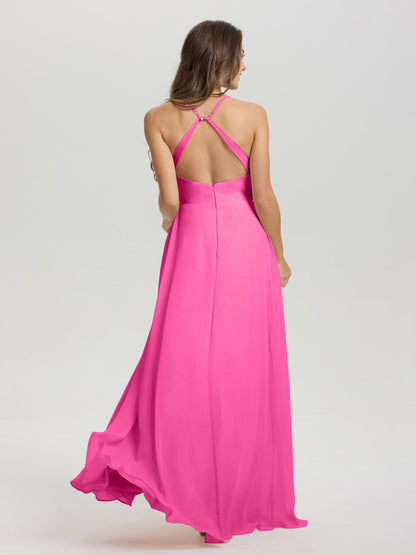 Straps V-Neck Open Back Long Chiffon Formal Bridesmaid Dress