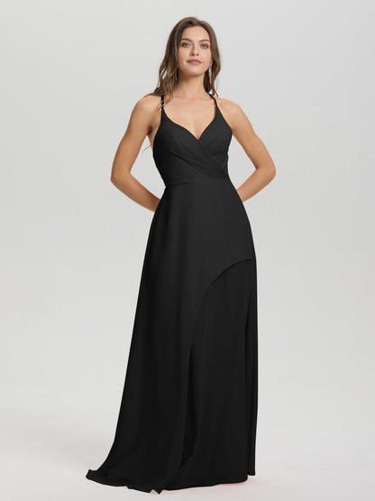 Straps V-Neck Open Back Long Chiffon Formal Bridesmaid Dress