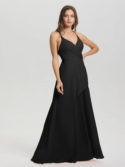 Straps V-Neck Open Back Long Chiffon Formal Bridesmaid Dress