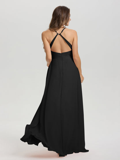 Straps V-Neck Open Back Long Chiffon Formal Bridesmaid Dress
