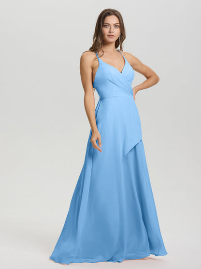 Straps V-Neck Open Back Long Chiffon Formal Bridesmaid Dress