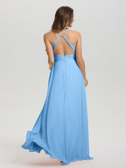 Straps V-Neck Open Back Long Chiffon Formal Bridesmaid Dress