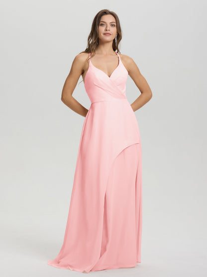Straps V-Neck Open Back Long Chiffon Formal Bridesmaid Dress