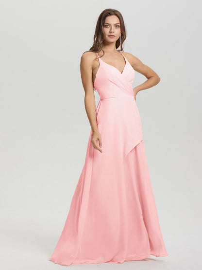 Straps V-Neck Open Back Long Chiffon Formal Bridesmaid Dress