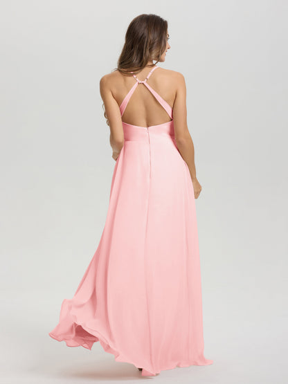 Straps V-Neck Open Back Long Chiffon Formal Bridesmaid Dress