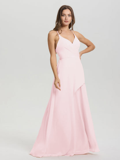 Straps V-Neck Open Back Long Chiffon Formal Bridesmaid Dress