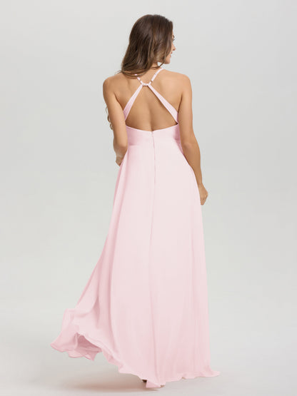 Straps V-Neck Open Back Long Chiffon Formal Bridesmaid Dress