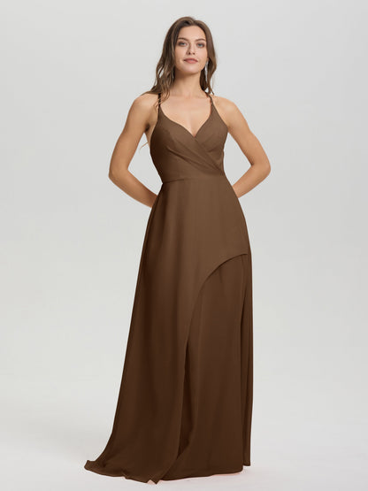 Straps V-Neck Open Back Long Chiffon Formal Bridesmaid Dress