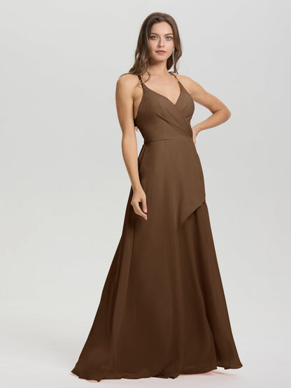 Straps V-Neck Open Back Long Chiffon Formal Bridesmaid Dress