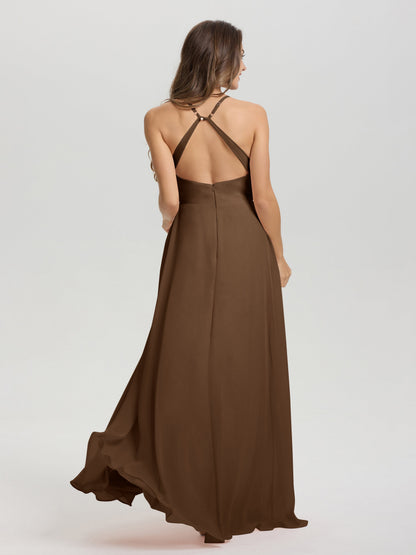 Straps V-Neck Open Back Long Chiffon Formal Bridesmaid Dress