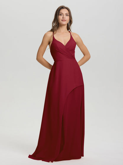 Straps V-Neck Open Back Long Chiffon Formal Bridesmaid Dress