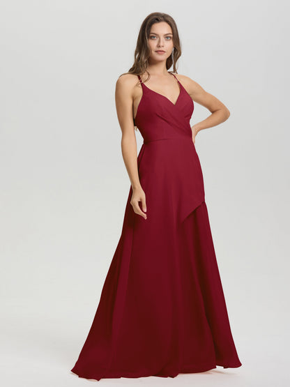 Straps V-Neck Open Back Long Chiffon Formal Bridesmaid Dress