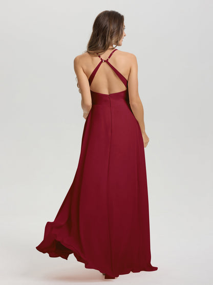 Straps V-Neck Open Back Long Chiffon Formal Bridesmaid Dress