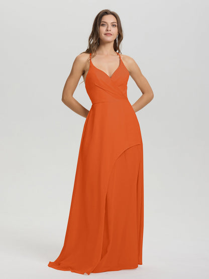 Straps V-Neck Open Back Long Chiffon Formal Bridesmaid Dress