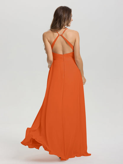 Straps V-Neck Open Back Long Chiffon Formal Bridesmaid Dress