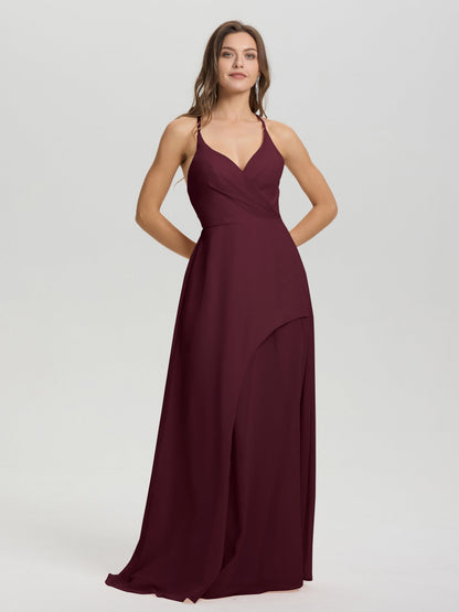 Straps V-Neck Open Back Long Chiffon Formal Bridesmaid Dress