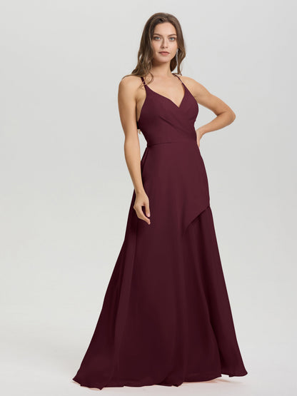 Straps V-Neck Open Back Long Chiffon Formal Bridesmaid Dress