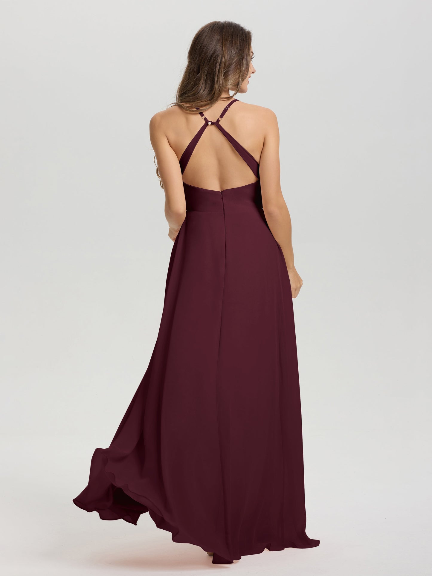 Straps V-Neck Open Back Long Chiffon Formal Bridesmaid Dress