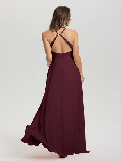 Straps V-Neck Open Back Long Chiffon Formal Bridesmaid Dress