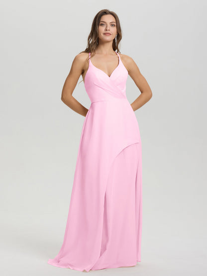 Straps V-Neck Open Back Long Chiffon Formal Bridesmaid Dress