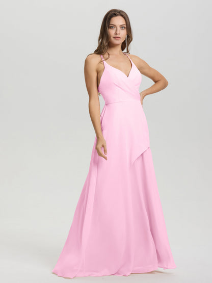 Straps V-Neck Open Back Long Chiffon Formal Bridesmaid Dress