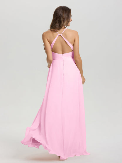 Straps V-Neck Open Back Long Chiffon Formal Bridesmaid Dress