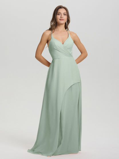 Straps V-Neck Open Back Long Chiffon Formal Bridesmaid Dress