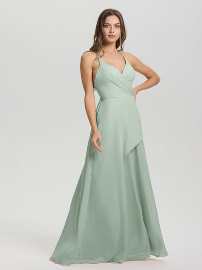 Straps V-Neck Open Back Long Chiffon Formal Bridesmaid Dress