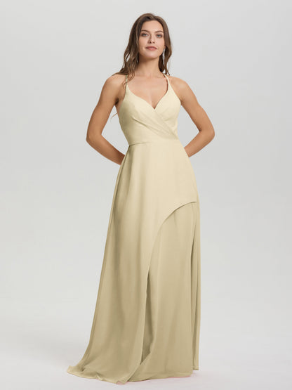 Straps V-Neck Open Back Long Chiffon Formal Bridesmaid Dress
