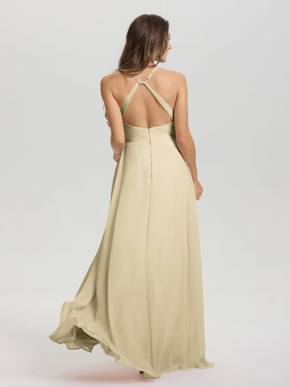 Straps V-Neck Open Back Long Chiffon Formal Bridesmaid Dress