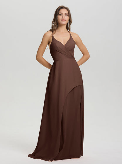 Straps V-Neck Open Back Long Chiffon Formal Bridesmaid Dress