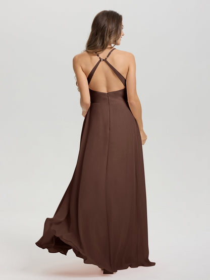 Straps V-Neck Open Back Long Chiffon Formal Bridesmaid Dress