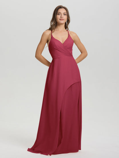 Straps V-Neck Open Back Long Chiffon Formal Bridesmaid Dress
