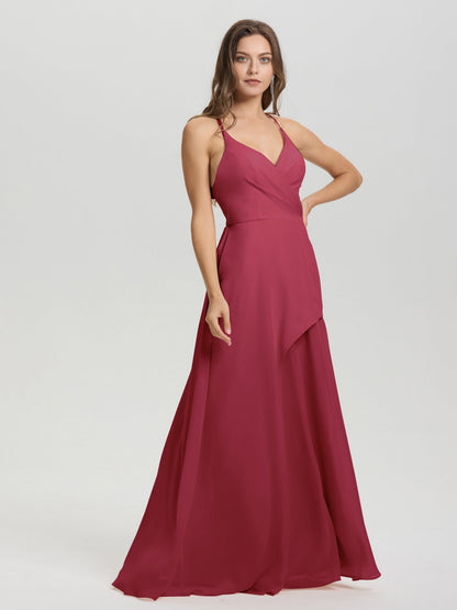 Straps V-Neck Open Back Long Chiffon Formal Bridesmaid Dress
