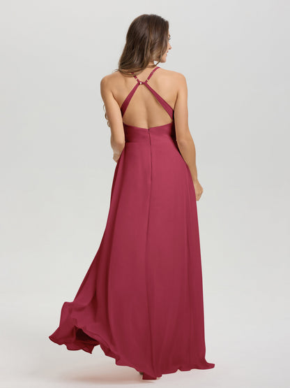 Straps V-Neck Open Back Long Chiffon Formal Bridesmaid Dress