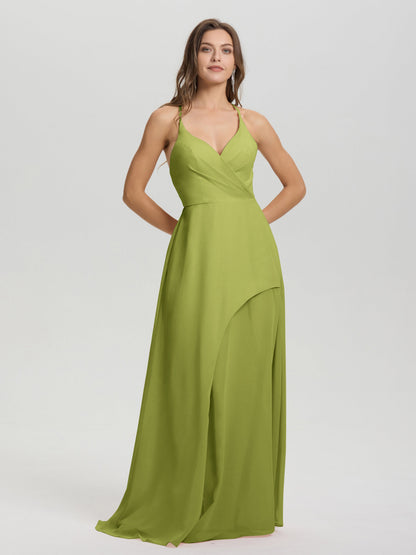 Straps V-Neck Open Back Long Chiffon Formal Bridesmaid Dress