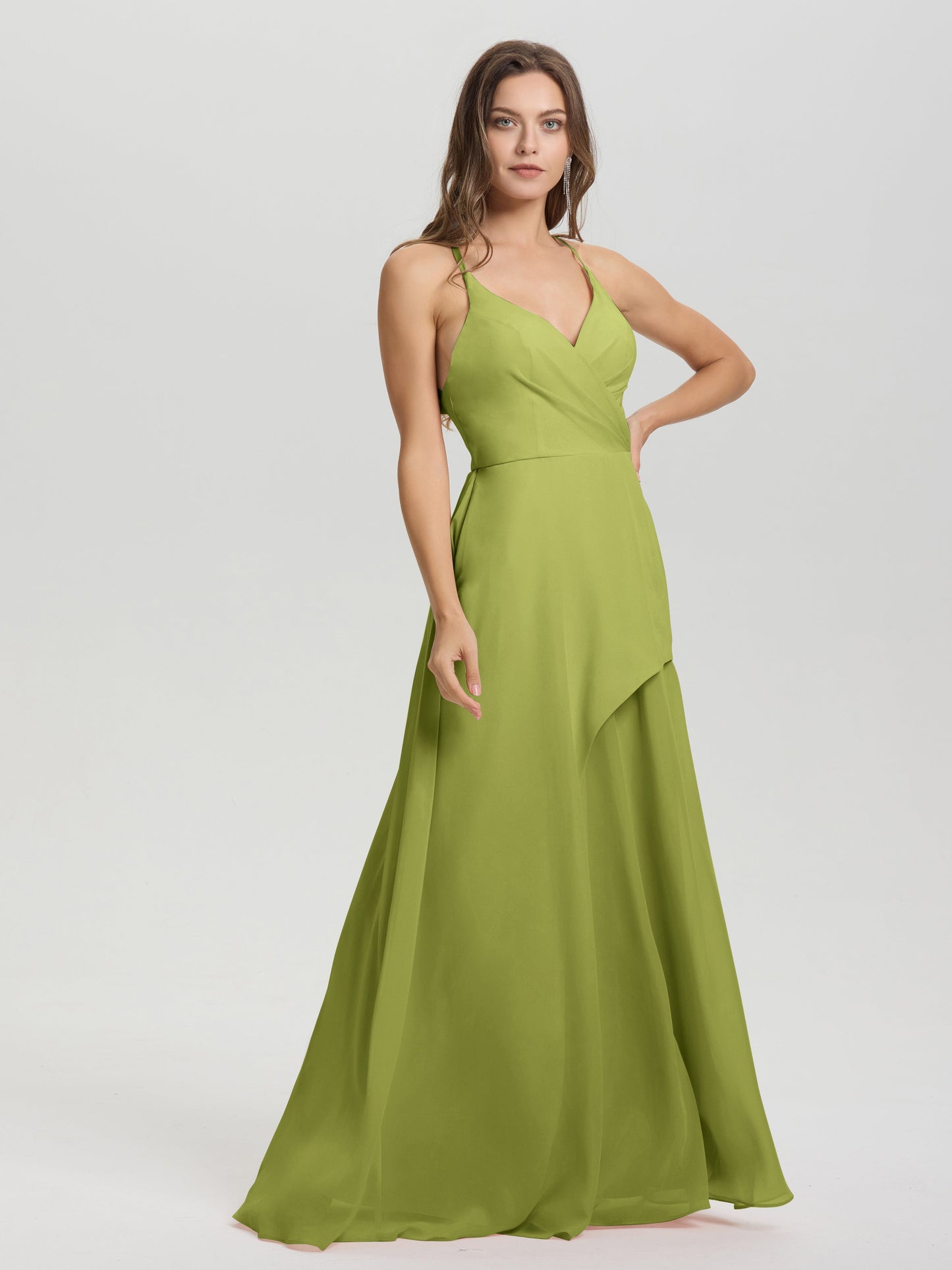 Straps V-Neck Open Back Long Chiffon Formal Bridesmaid Dress