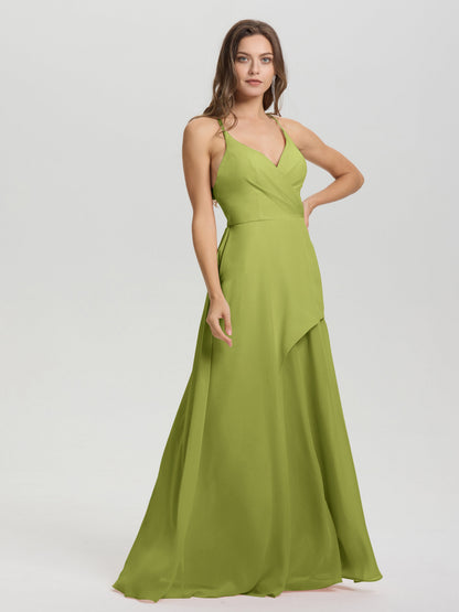Straps V-Neck Open Back Long Chiffon Formal Bridesmaid Dress
