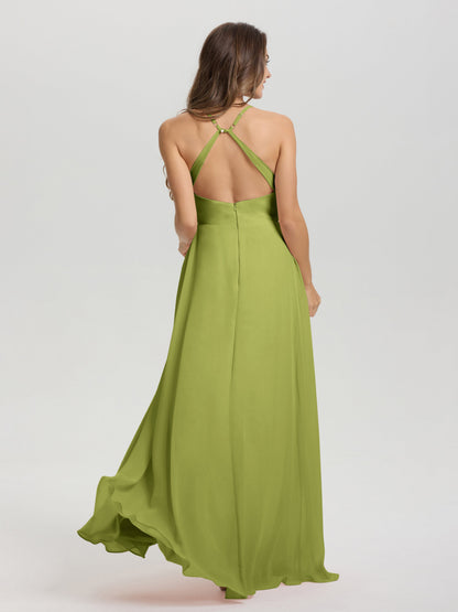 Straps V-Neck Open Back Long Chiffon Formal Bridesmaid Dress