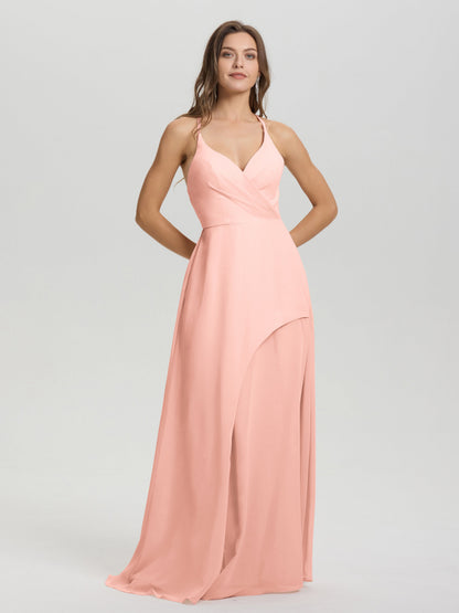 Straps V-Neck Open Back Long Chiffon Formal Bridesmaid Dress