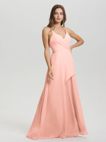 Straps V-Neck Open Back Long Chiffon Formal Bridesmaid Dress