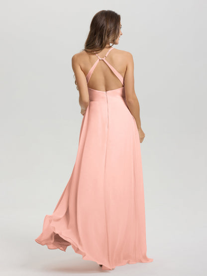 Straps V-Neck Open Back Long Chiffon Formal Bridesmaid Dress