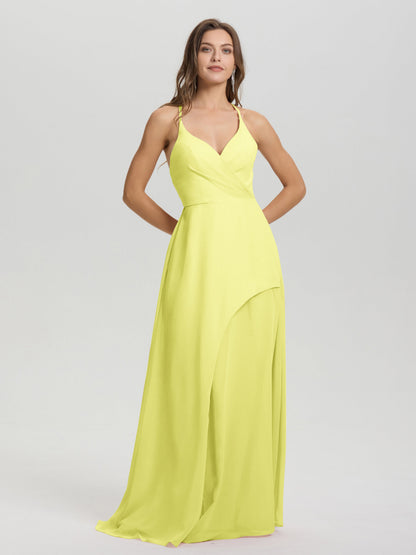 Straps V-Neck Open Back Long Chiffon Formal Bridesmaid Dress