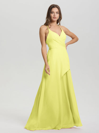 Straps V-Neck Open Back Long Chiffon Formal Bridesmaid Dress