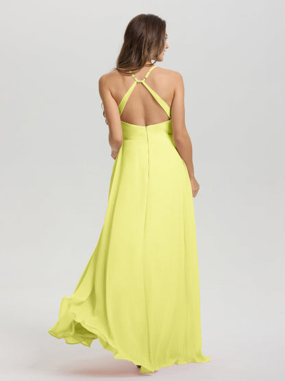 Straps V-Neck Open Back Long Chiffon Formal Bridesmaid Dress