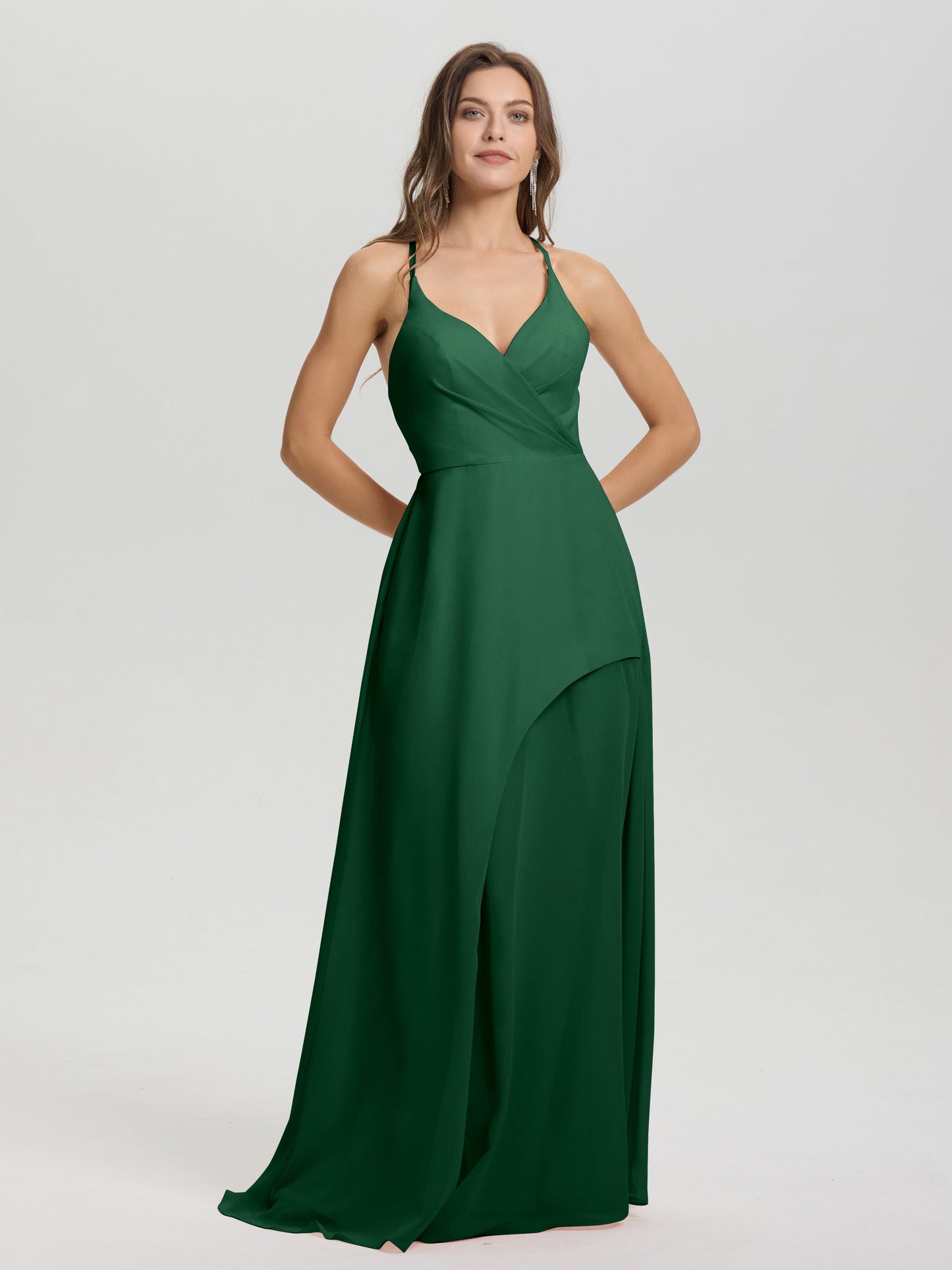 Straps V-Neck Open Back Long Chiffon Formal Bridesmaid Dress