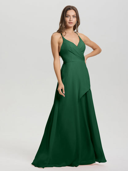 Straps V-Neck Open Back Long Chiffon Formal Bridesmaid Dress