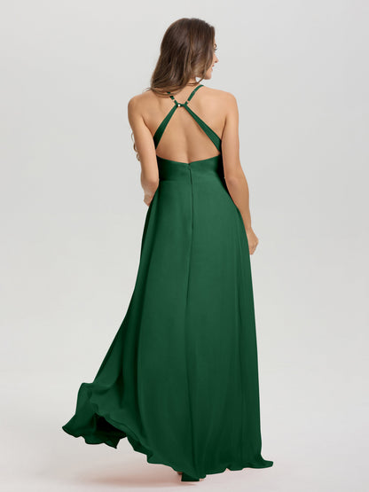 Straps V-Neck Open Back Long Chiffon Formal Bridesmaid Dress