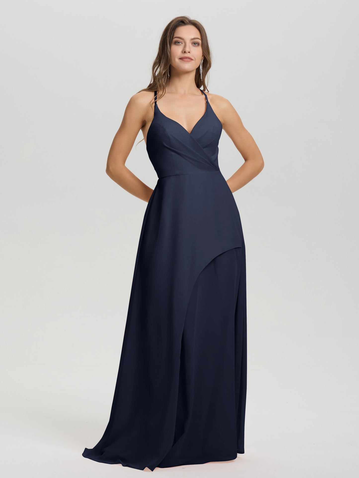 Straps V-Neck Open Back Long Chiffon Formal Bridesmaid Dress